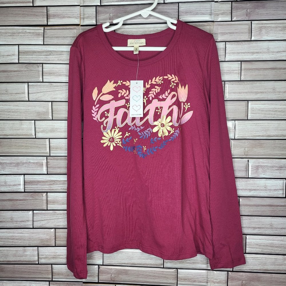 New Self Esteem Girls Top Size M Maroon Long Sleeve Floral Faith Comfy Shirt